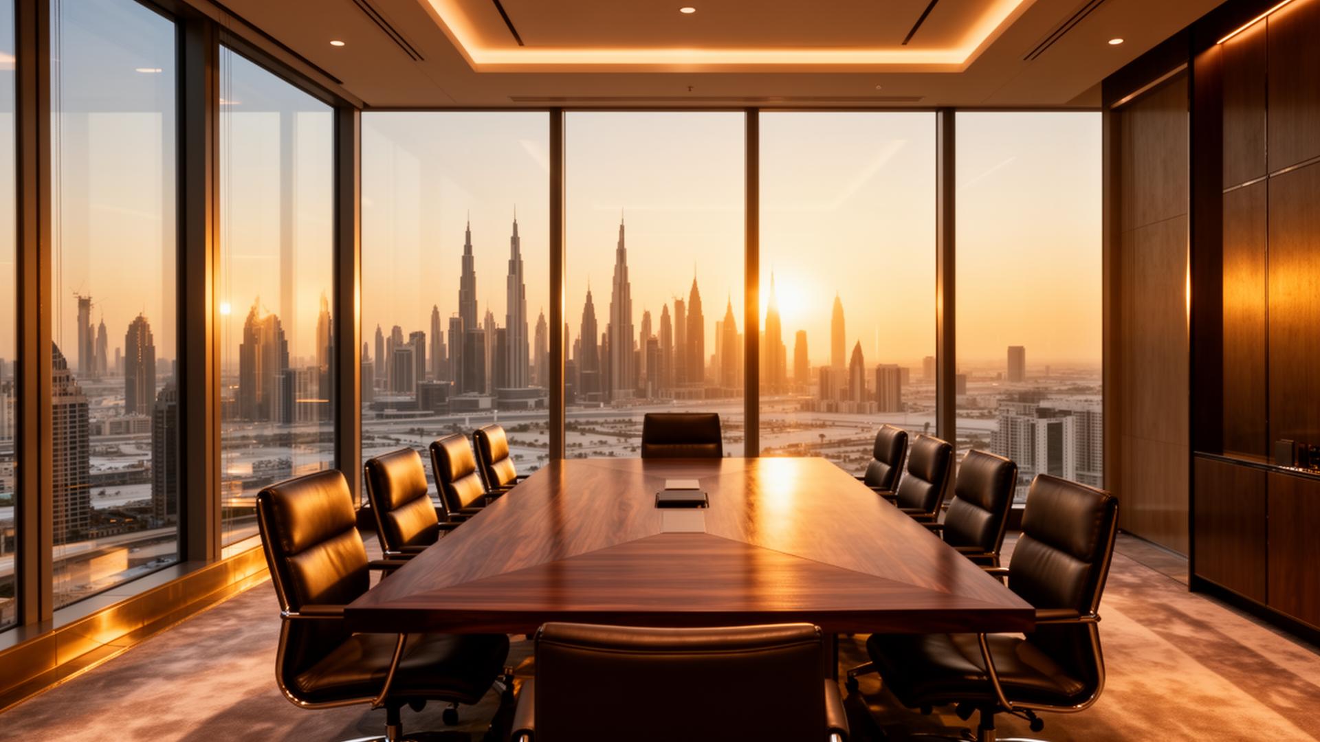 Boardroom mit Dubai Skyline – B2B Beratung